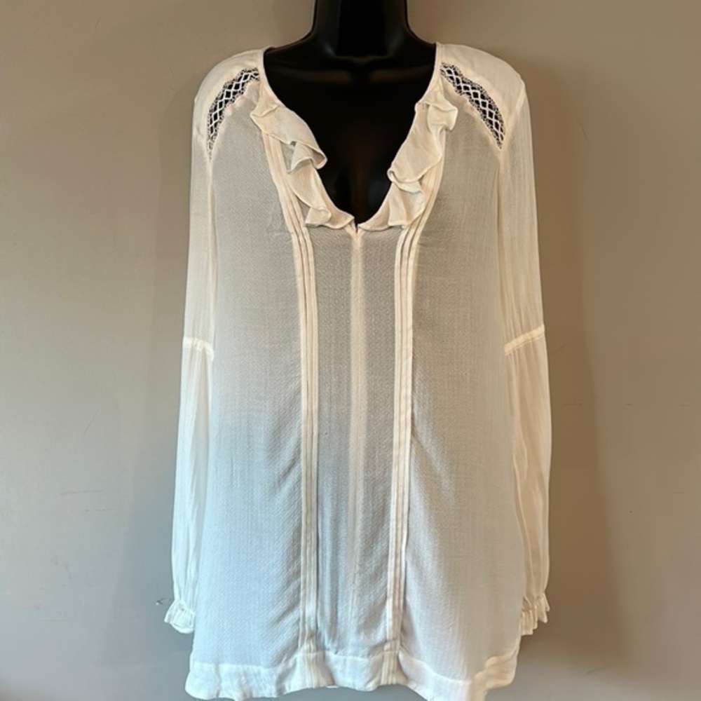Free People White ruffle neck peasant boho long sleeve tunic top size small EUC